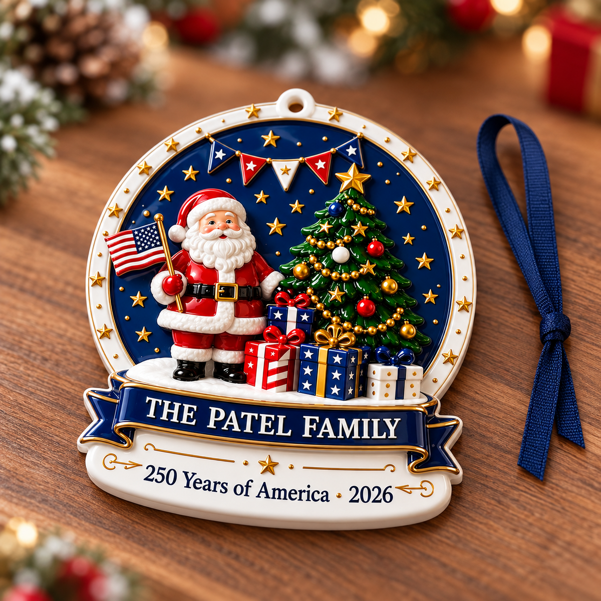 Patriotic Santa Claus with American Flag and Christmas Tree Medallion - 3D Relief Ornament