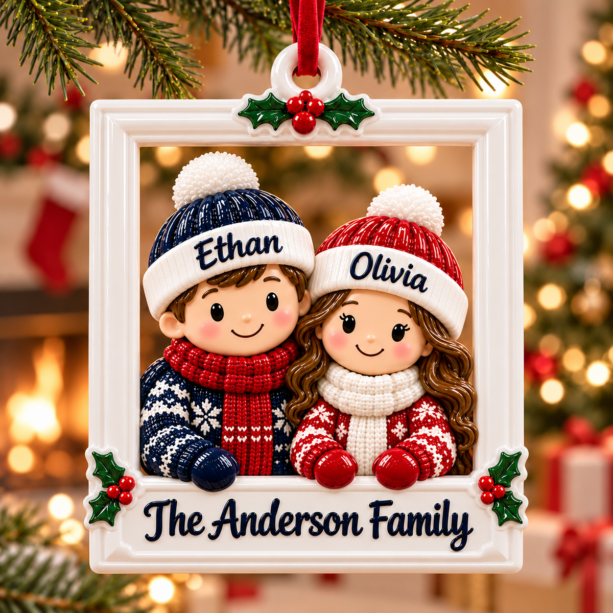 Christmas Family of 7 Winter Beanie Picture Frame Holiday Hanging - 3D Relief Ornament