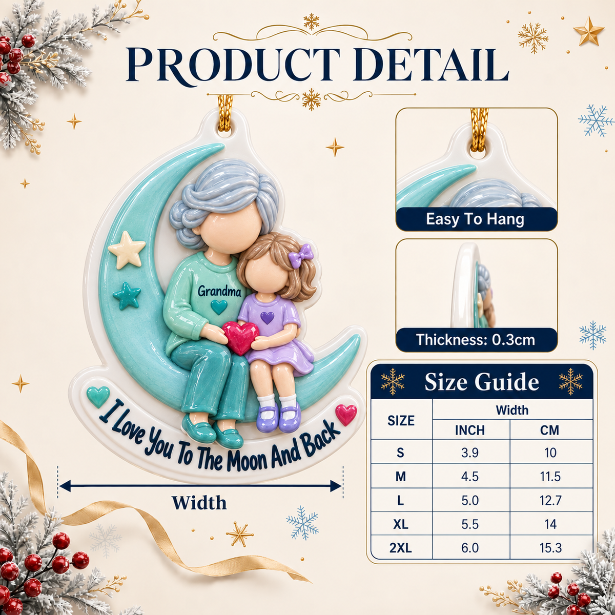 Grandmother and Granddaughter Crescent Moon Acrylic Hanging Keepsake, Teal Holiday Decor - 3D Relief Ornament