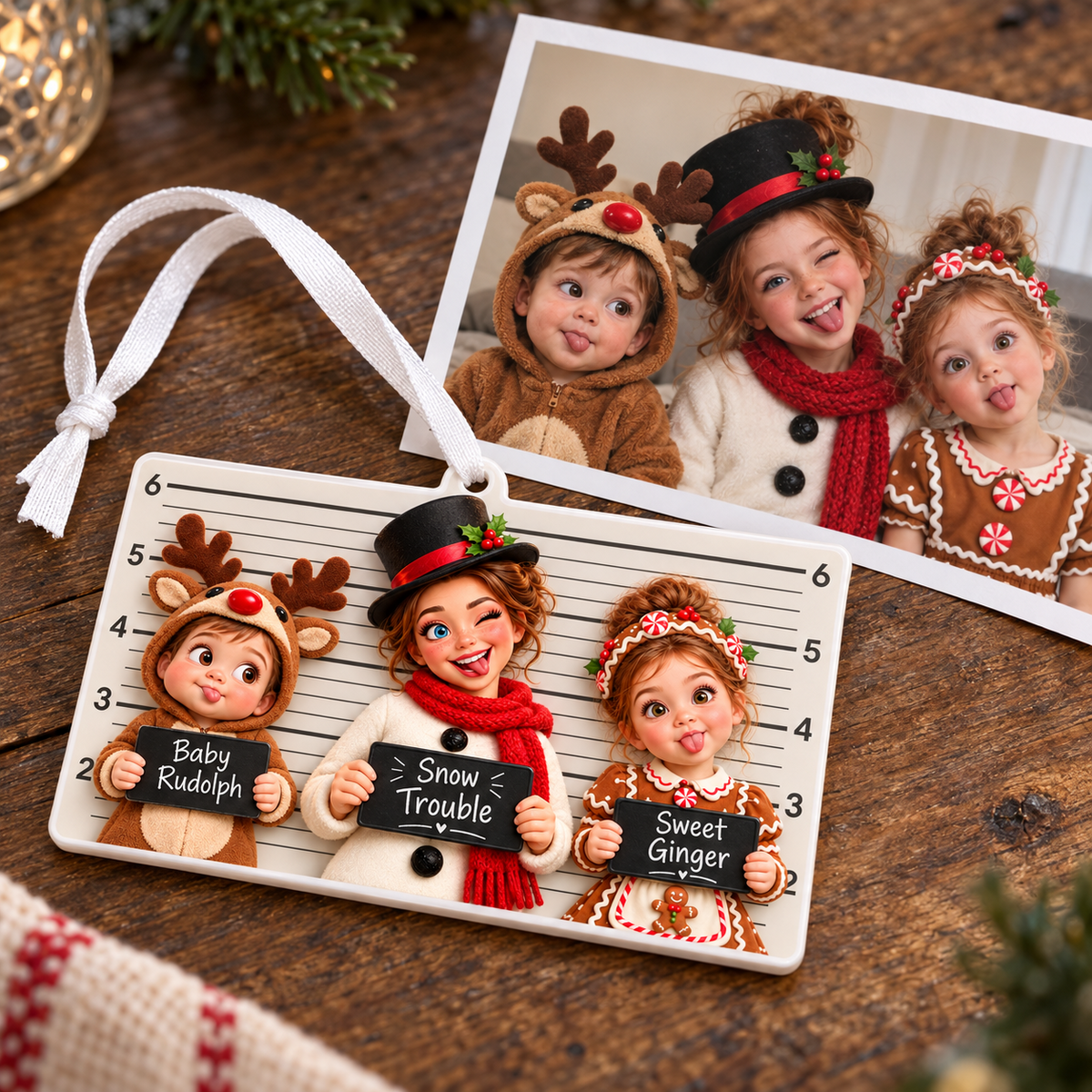 Christmas Mugshot Lineup Kids Costumes Rectangular Hanging Holiday Keepsake - 3D Relief Ornament
