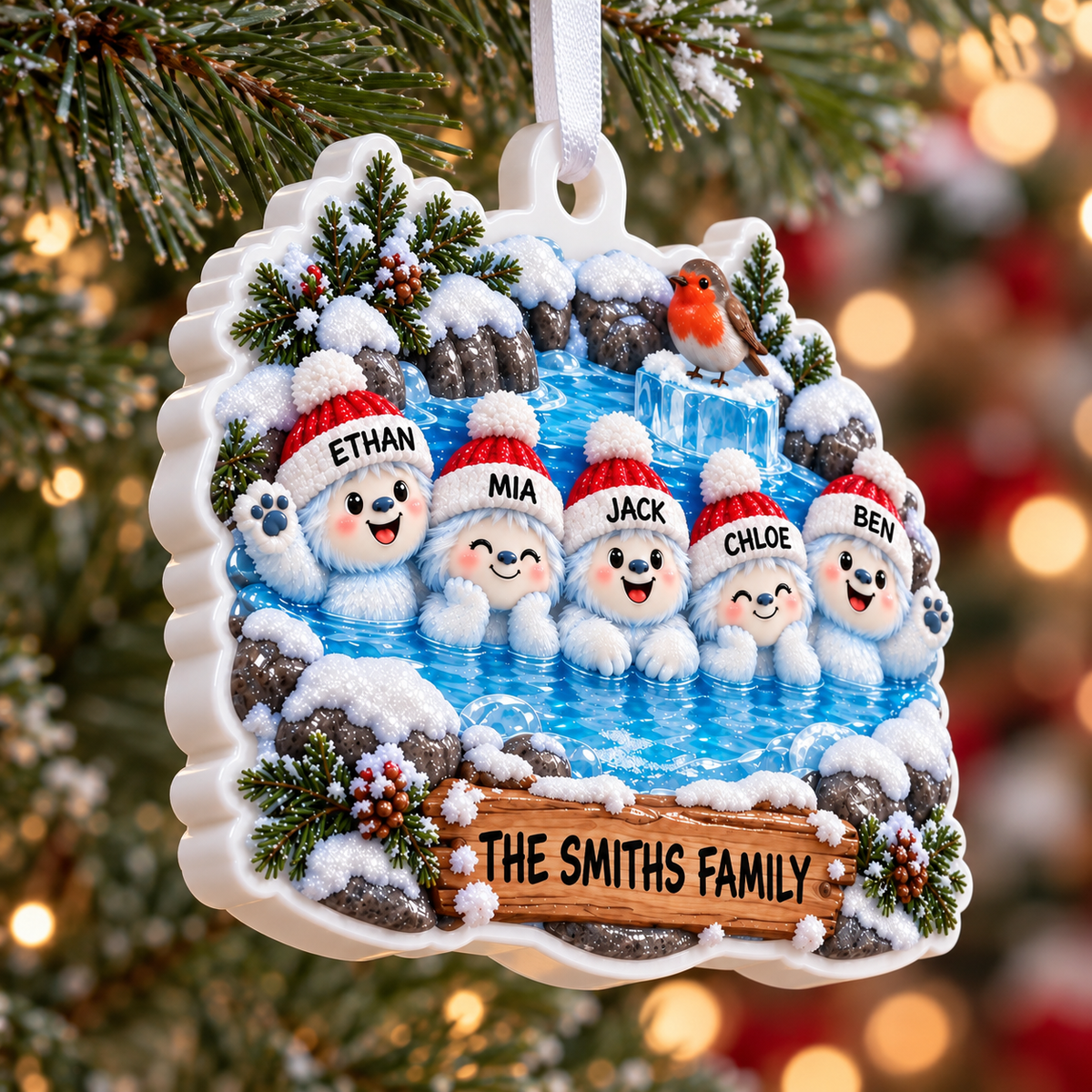 Winter Yeti Family in Hot Spring Acrylic Holiday Bauble - 3D Relief Ornament