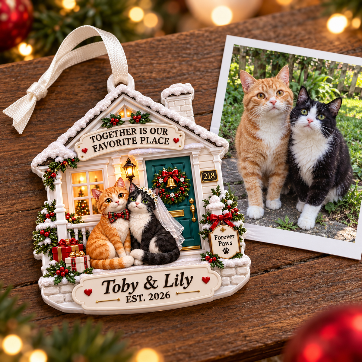 Cat Couple Winter Cottage Holiday Keepsake Plaque - 3D Relief Ornament