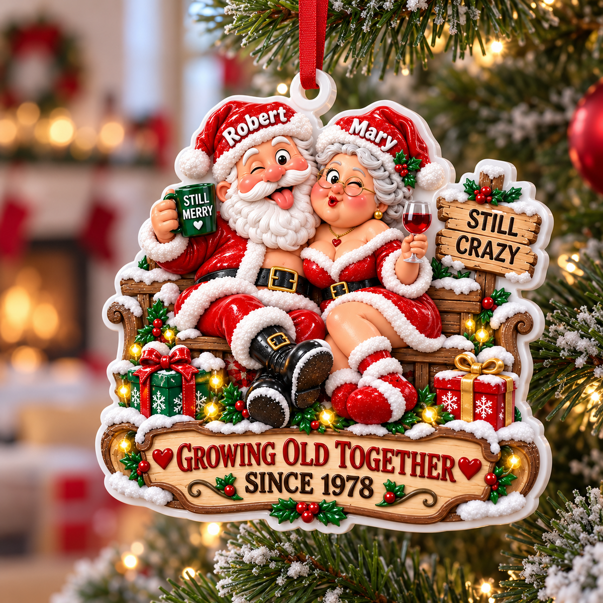 Santa Couple Christmas Hanging Keepsake with Growing Old Together Banner - 3D Relief Ornament