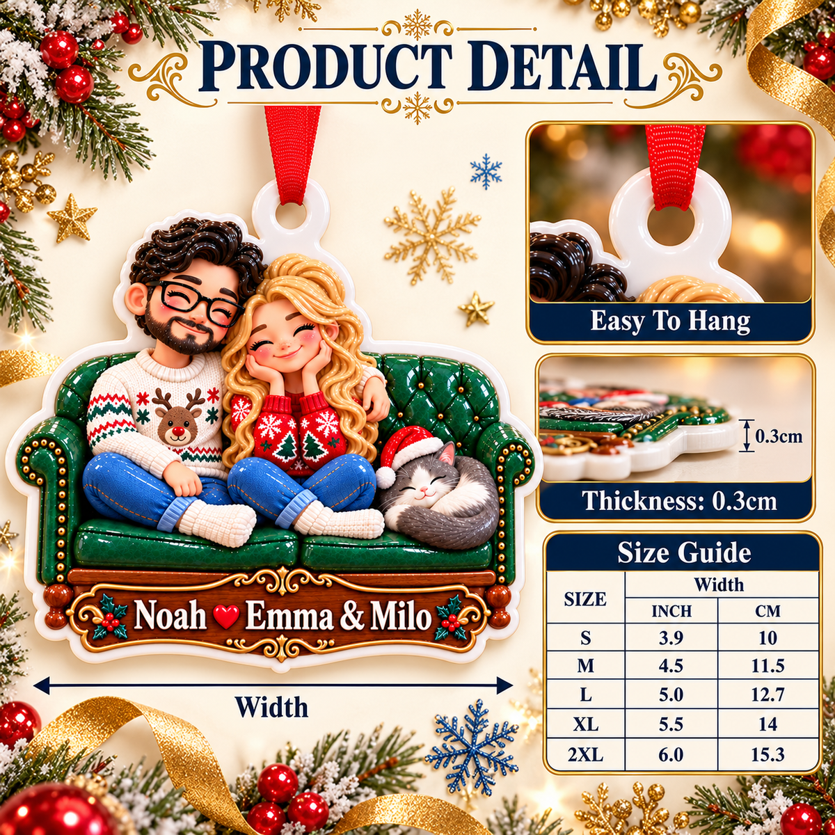 Couple with Cat on Green Tufted Sofa Acrylic Christmas Tree Hanging Decor - 3D Relief Ornament
