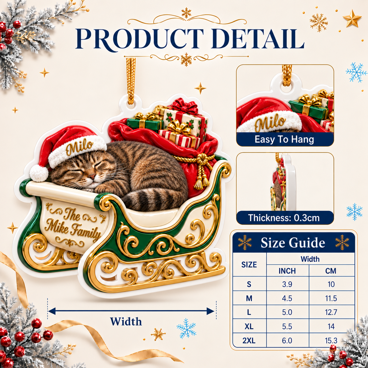 Sleeping Tabby Cat in Green and Gold Christmas Sleigh Holiday Decor - 3D Relief Ornament