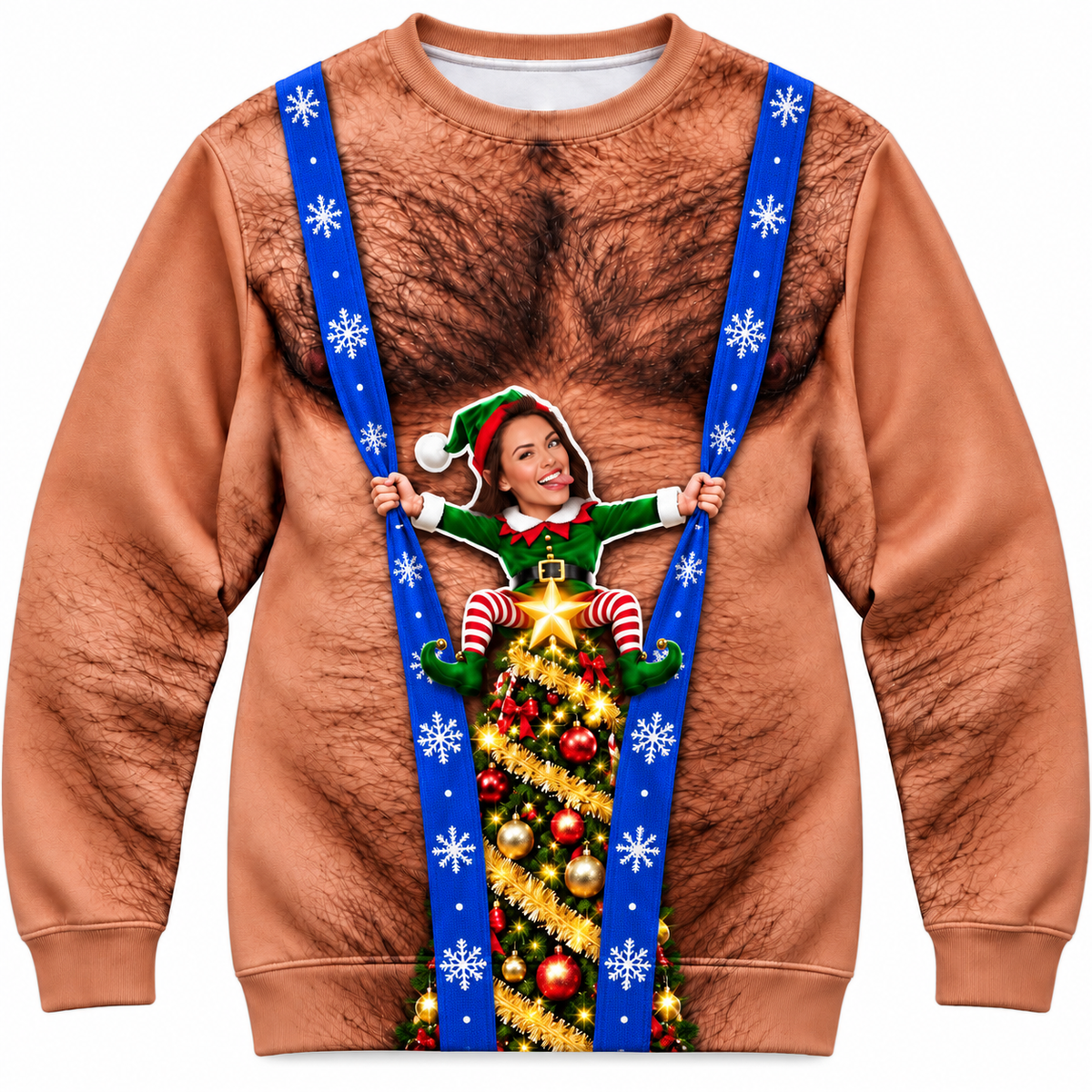 Funny Christmas Sweatshirt, Hairy Chest Elf Graphic Holiday Pullover
