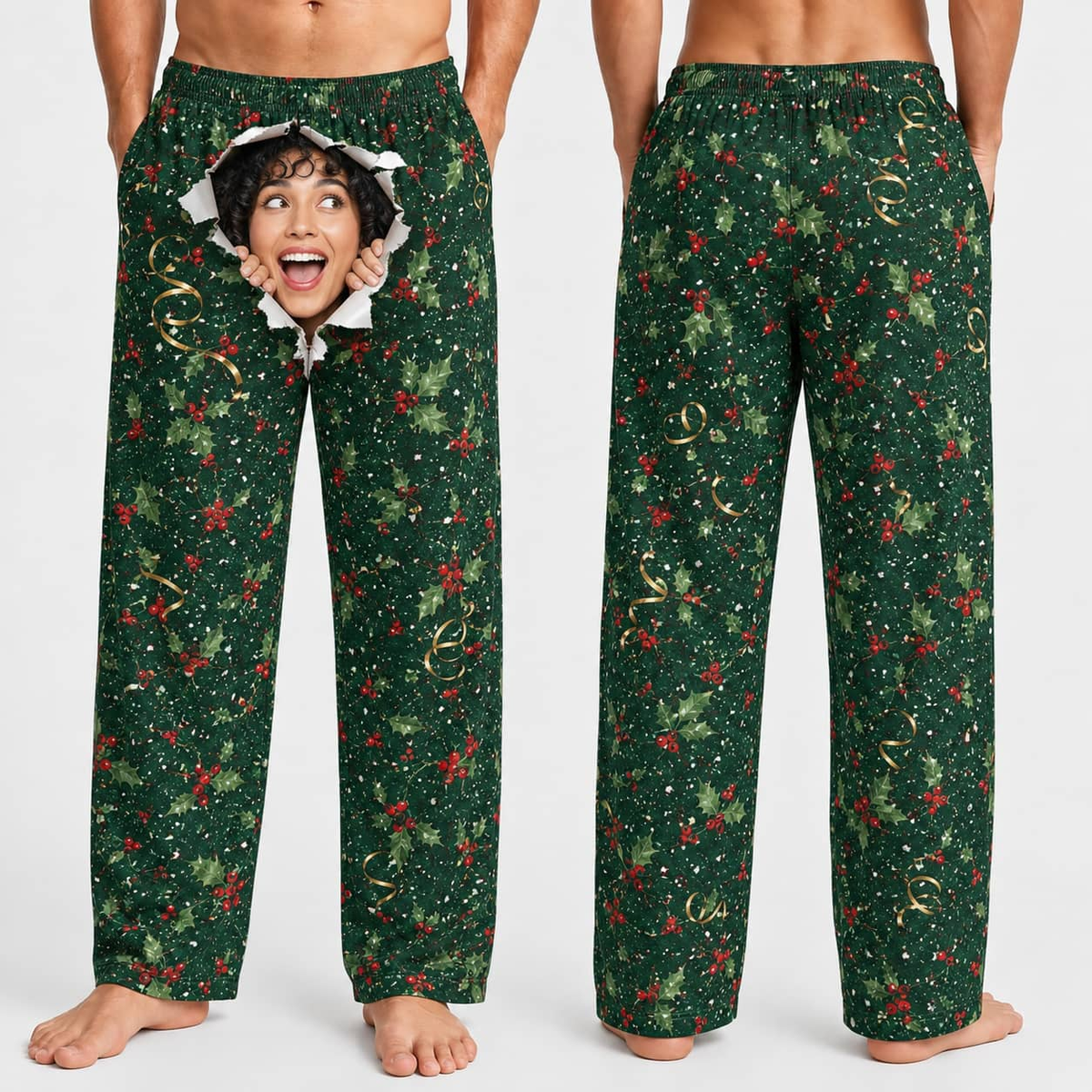 Men's Pajama Pants Green Christmas Holly Pattern Lounge Bottoms