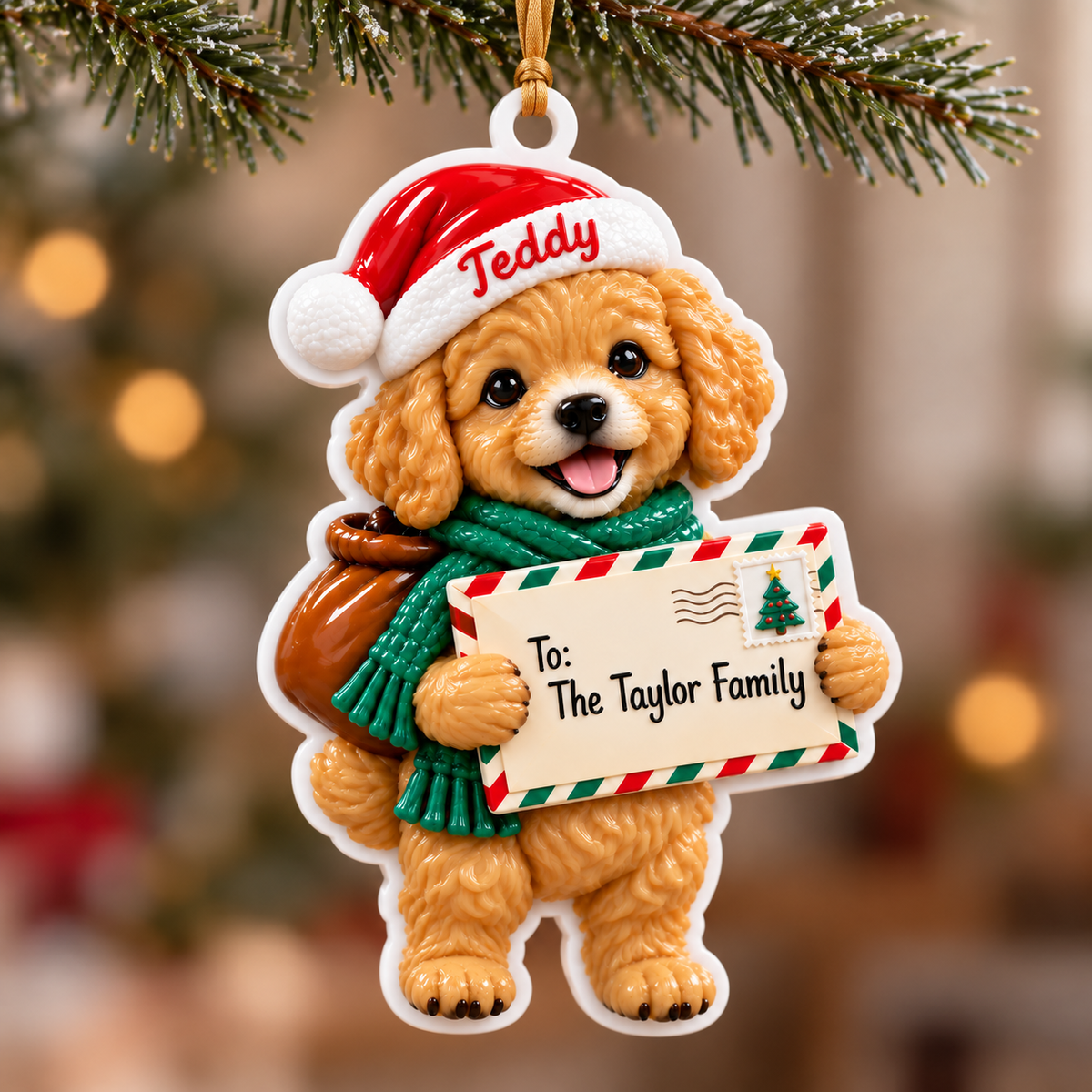 Christmas Puppy Holding Holiday Letter Hanging Tree Decor - 3D Relief Ornament