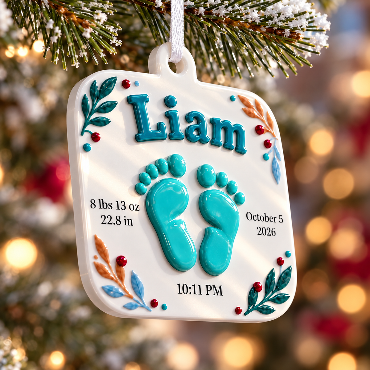 Baby Footprint Birth Stats Hanging Keepsake, Newborn White Holiday Plaque - 3D Relief Ornament