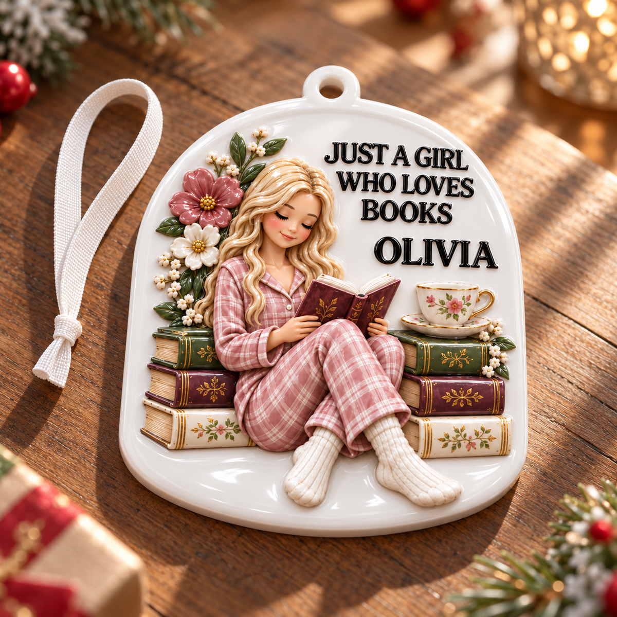 Glossy White Arched Acrylic Christmas Tree Hanging Plaque with Ribbon - 3D Relief Ornament