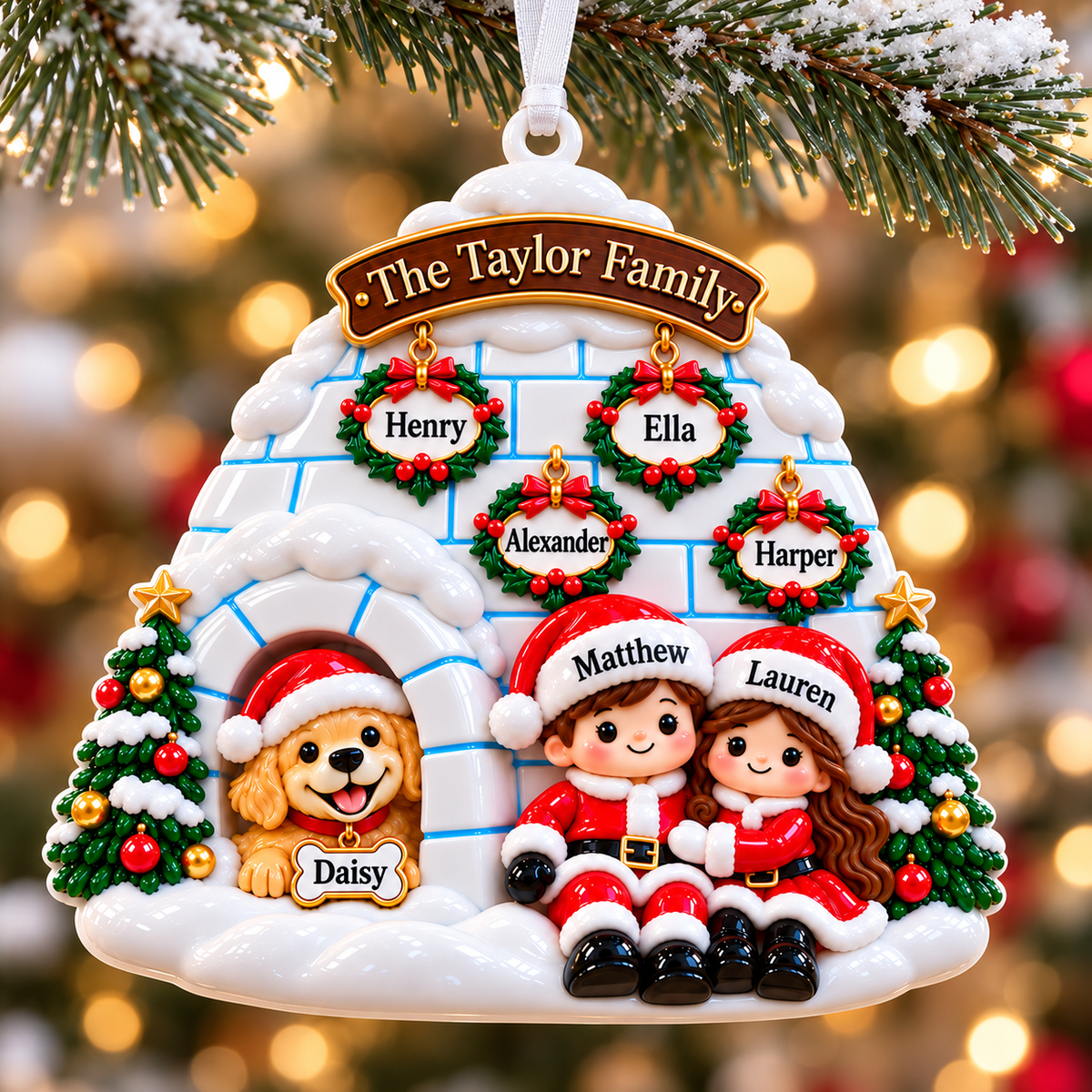 Winter Igloo Family of 6 with Dog Hanging Holiday Keepsake - 3D Relief Ornament