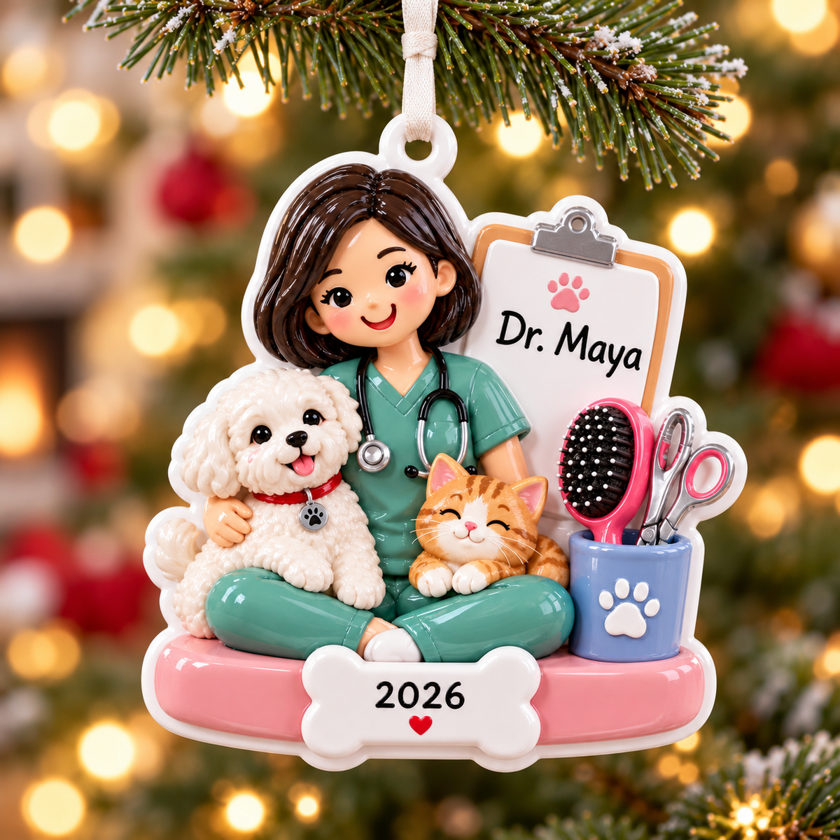 Female Veterinarian with Dog and Cat Resin Figurine Holiday Decor - 3D Relief Ornament