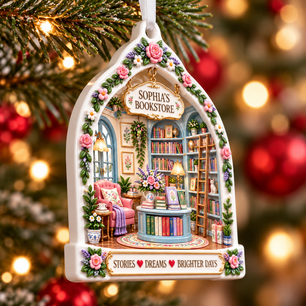 Floral Arch Cozy Bookstore Library Booklover Keepsake - 3D Relief Ornament