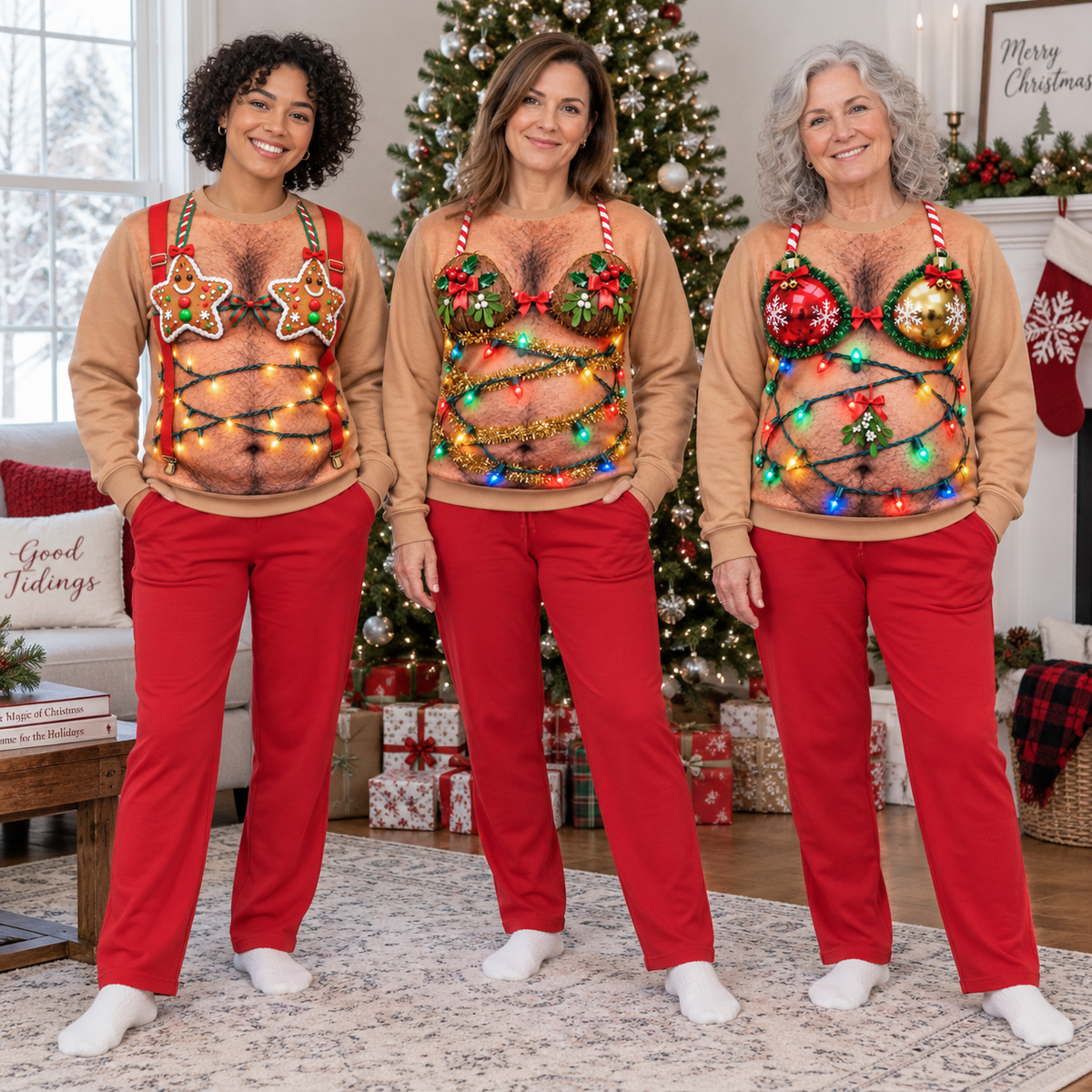 Funny Christmas Sweatshirt Hairy Chest Bikini Graphic Tan Pullover