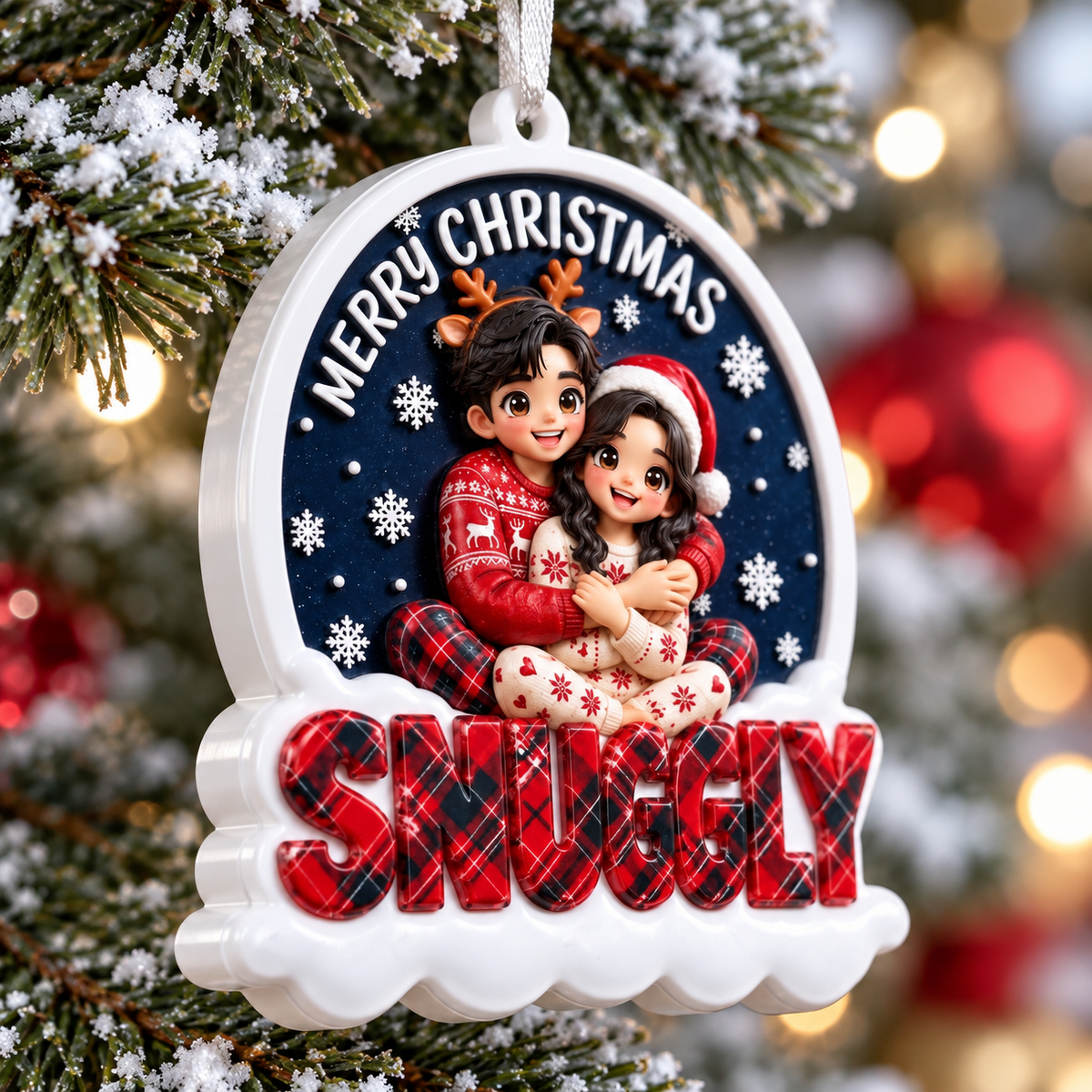 Merry Christmas Couple Hugging in Winter Pajamas Hanging Keepsake - 3D Relief Ornament