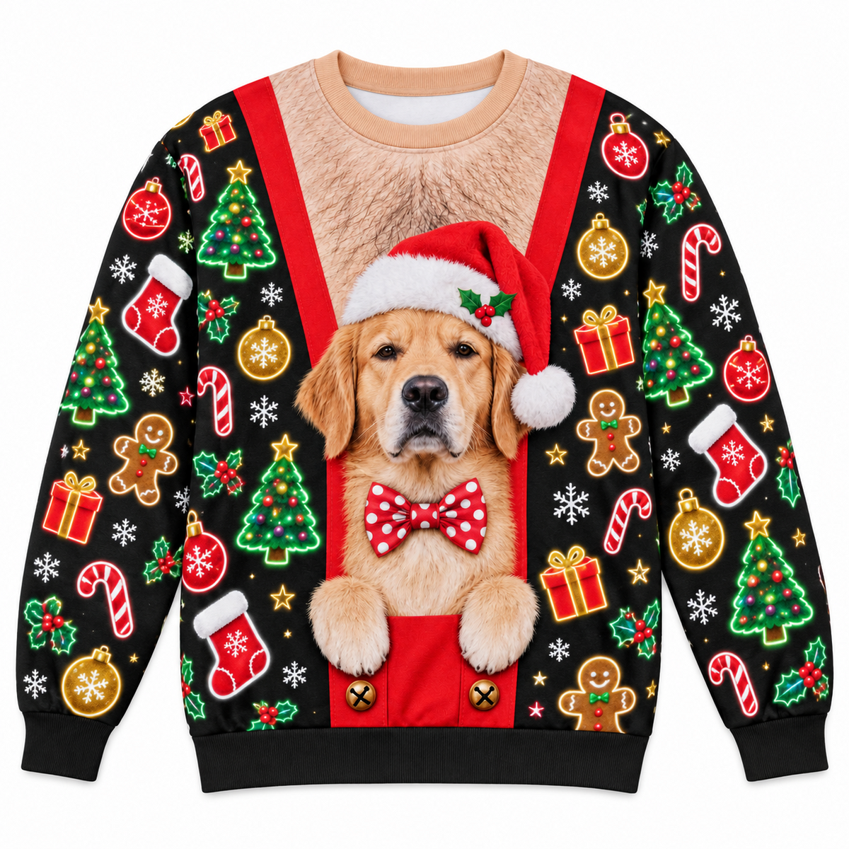 Golden Retriever Ugly Christmas Sweatshirt Faux Hairy Chest Pullover