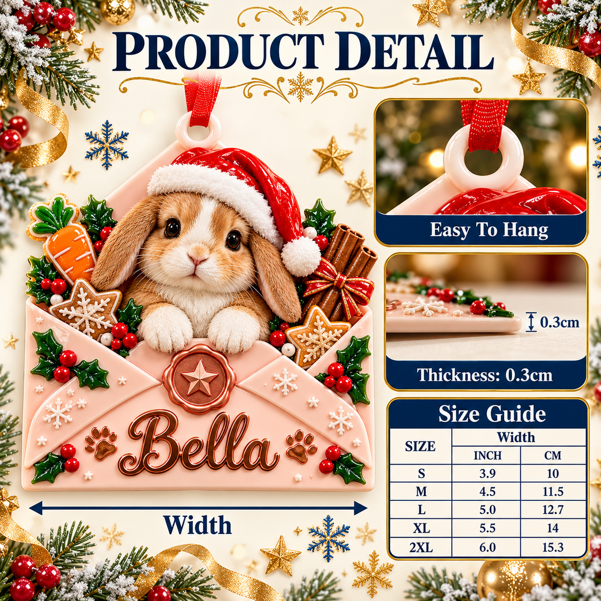 Baby Bunny in Pink Envelope Christmas Tree Pendant - 3D Relief Ornament