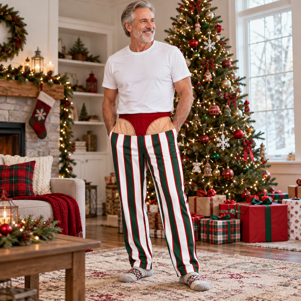 Mens Pajama Pants Striped Novelty Christmas Gag Print Loungewear