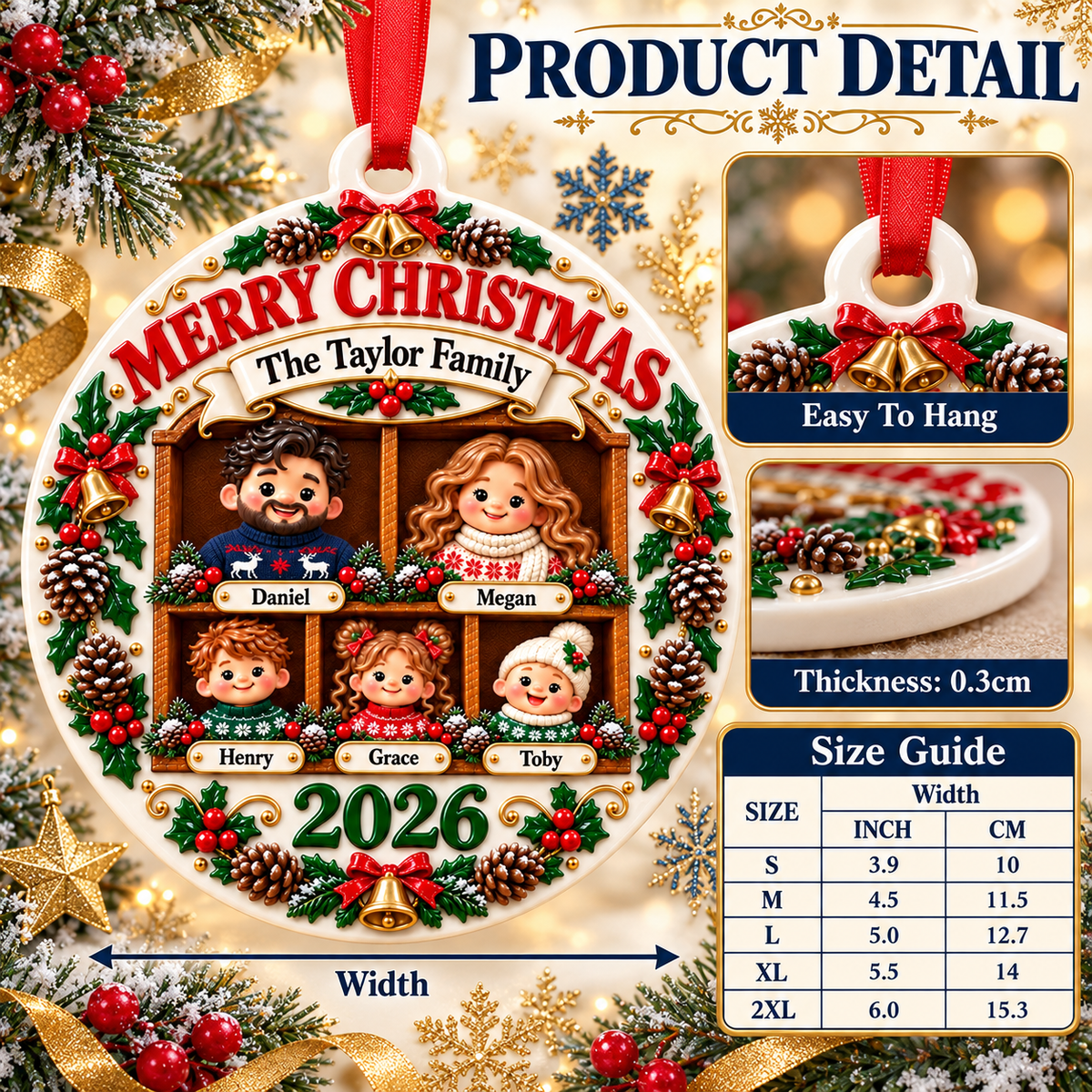 Family of Five Holiday Keepsake Acrylic Medallion with Pinecones - 3D Relief Ornament