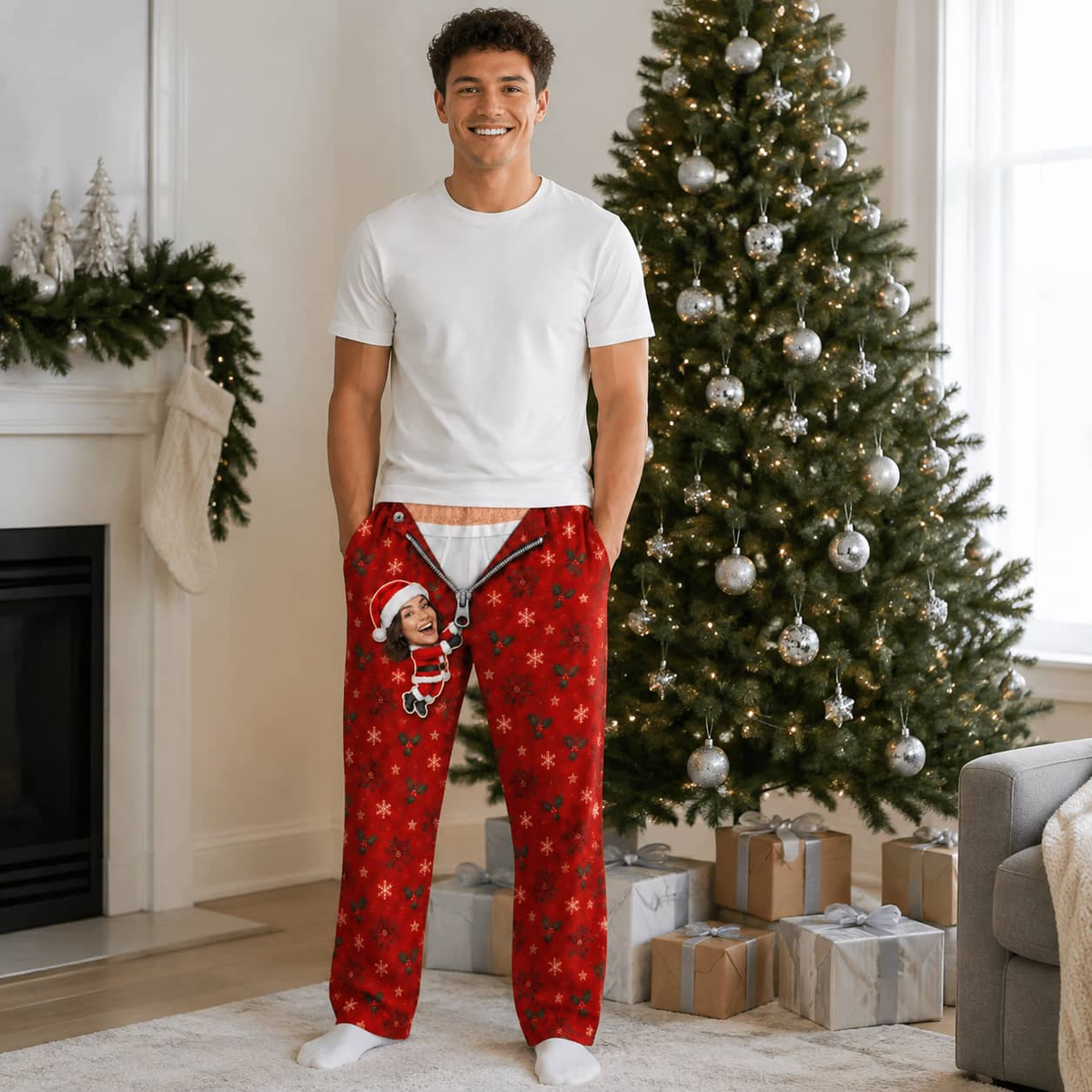 Mens Christmas Pajama Pants Novelty Zipper Print Holiday Loungewear