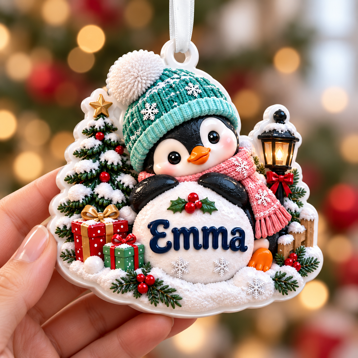 Winter Penguin with Christmas Tree and Streetlamp Holiday Keepsake - 3D Relief Ornament