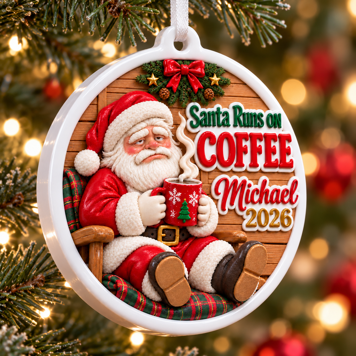 Santa Runs On Coffee Tired Holiday Medallion Hanging Keepsake - 3D Relief Ornament