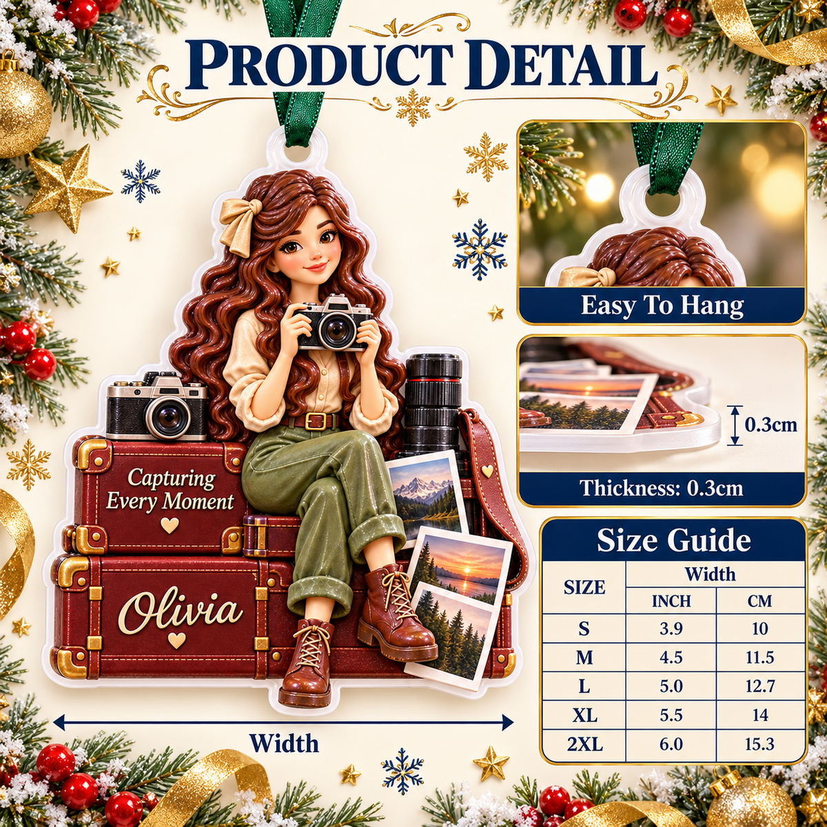 Travel Girl Photographer with Vintage Luggage Acrylic Christmas Hanging Keepsake - 3D Relief Ornament