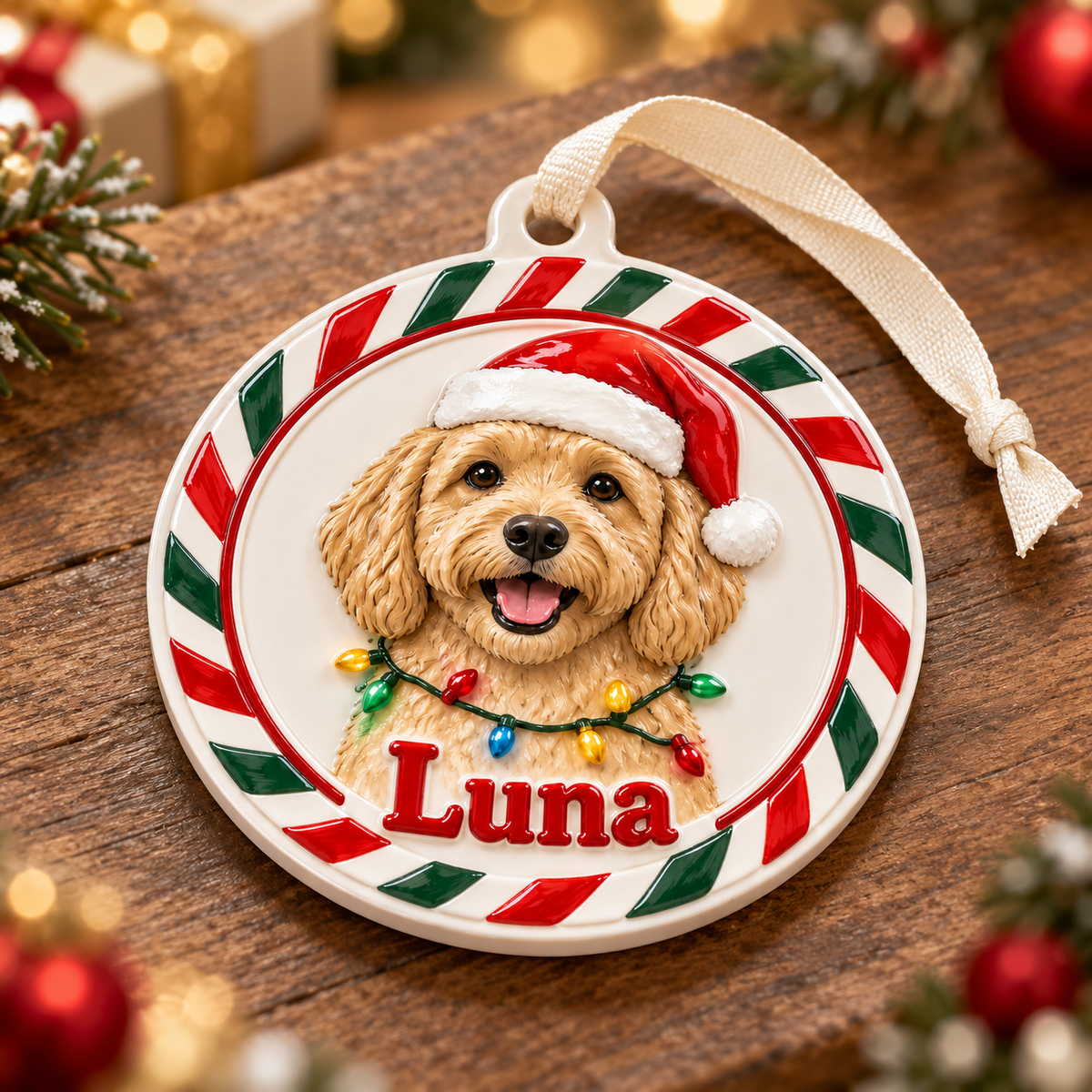 Christmas Goldendoodle Dog Holiday Medallion with Ribbon - 3D Relief Ornament