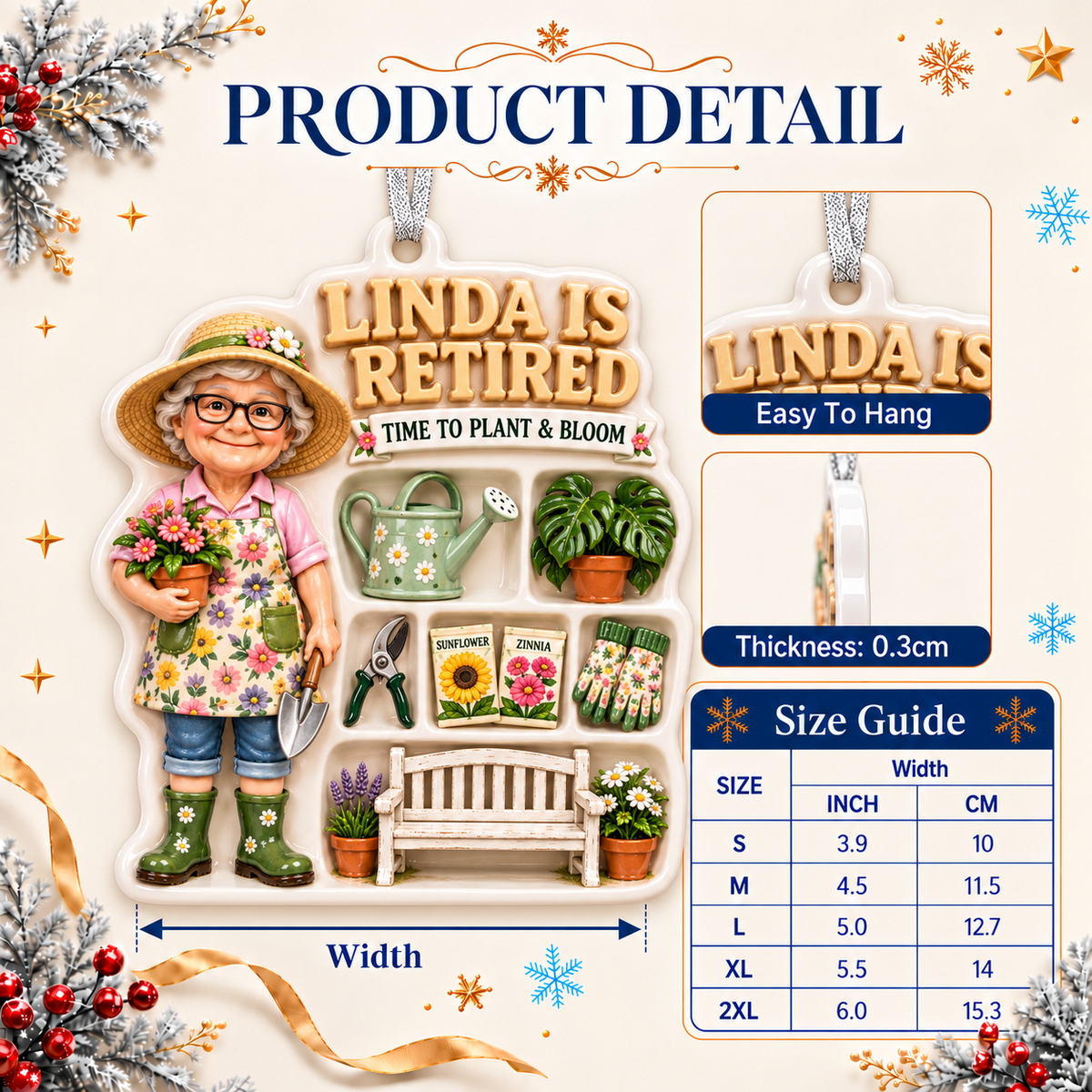 Retired Gardener Woman with Shed Tools and Floral Plants Holiday Keepsake - 3D Relief Ornament
