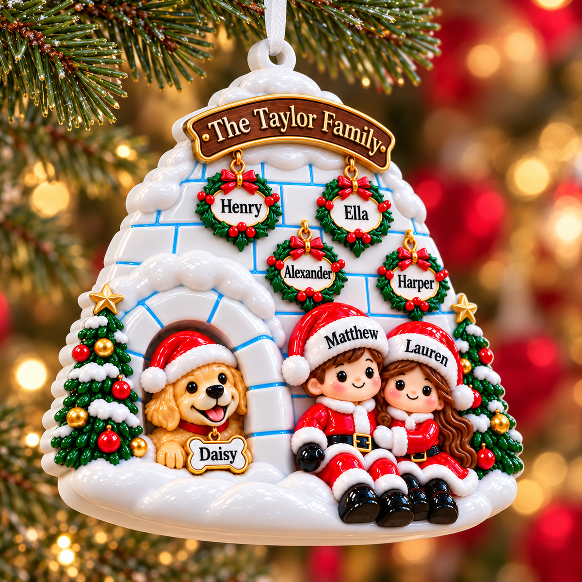 Winter Igloo Family of 6 with Dog Hanging Holiday Keepsake - 3D Relief Ornament