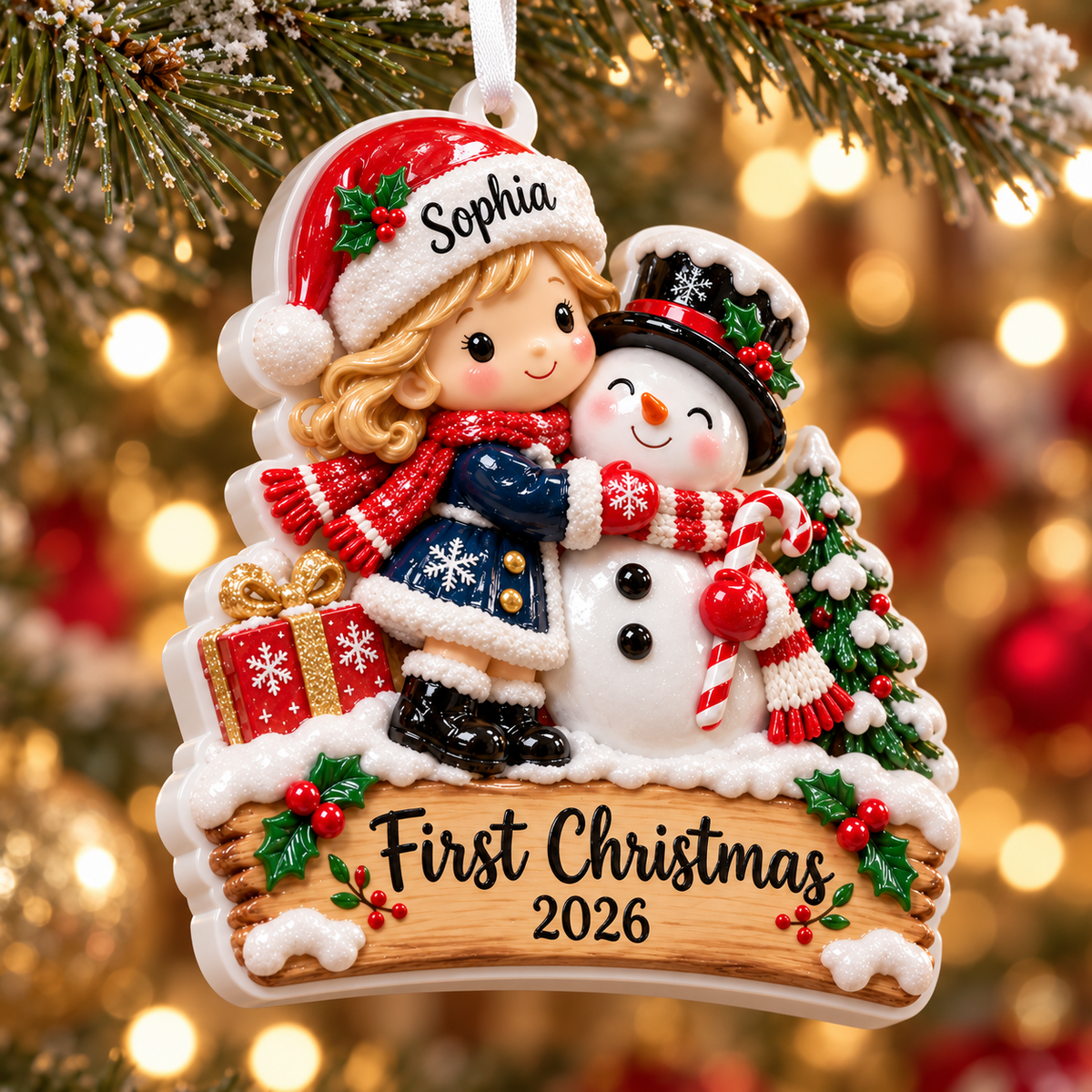 Baby Girl and Snowman First Christmas Tree Hanging Keepsake - 3D Relief Ornament