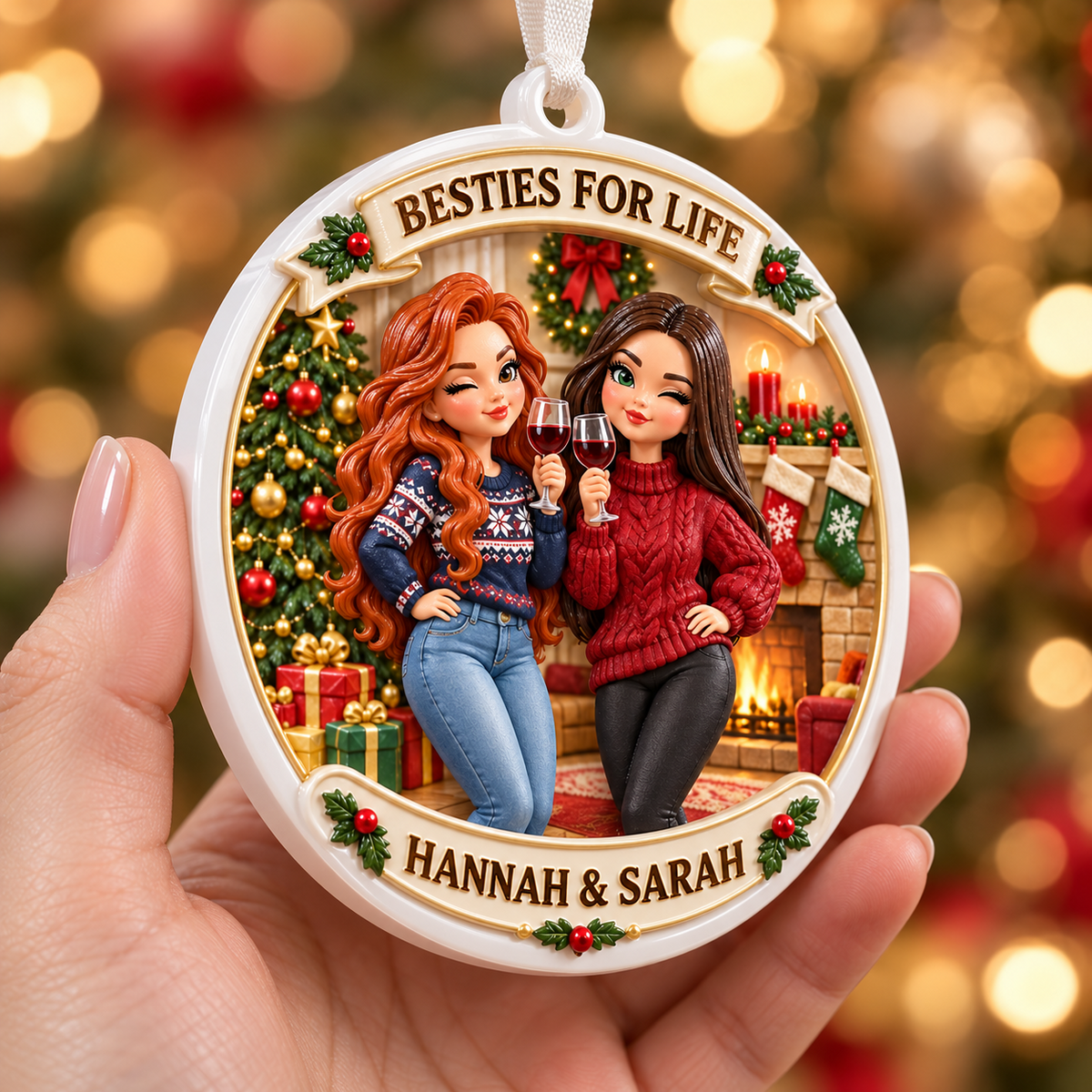 Best Friends Wine By Fireplace Christmas Holiday Medallion - 3D Relief Ornament