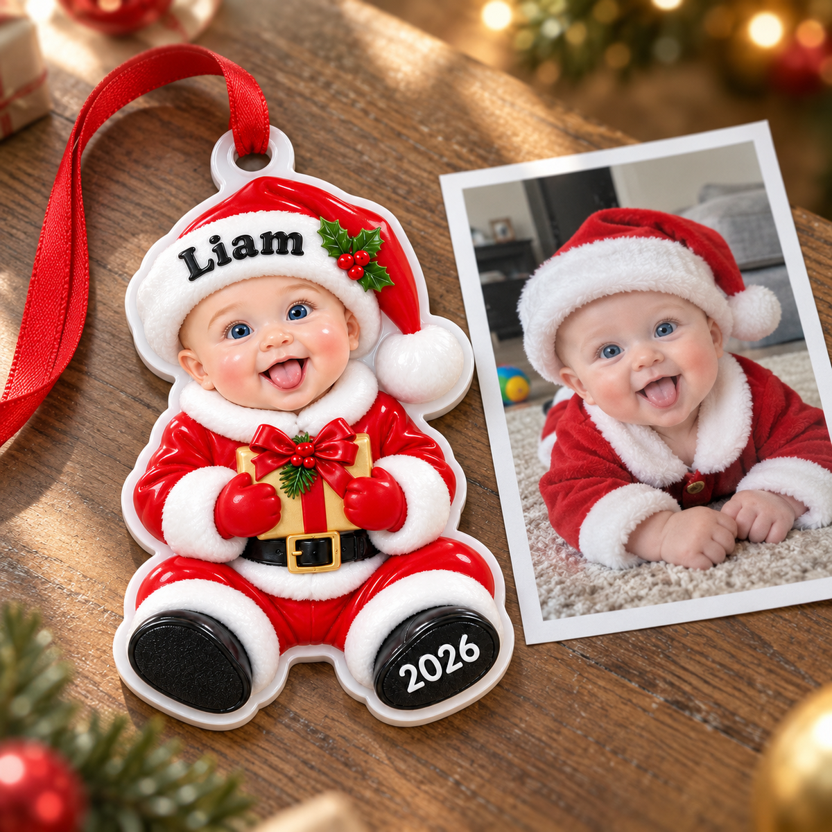 Red Santa Hat and Gold Gift Box Christmas Picture Frame Hanging Decor - 3D Relief Ornament