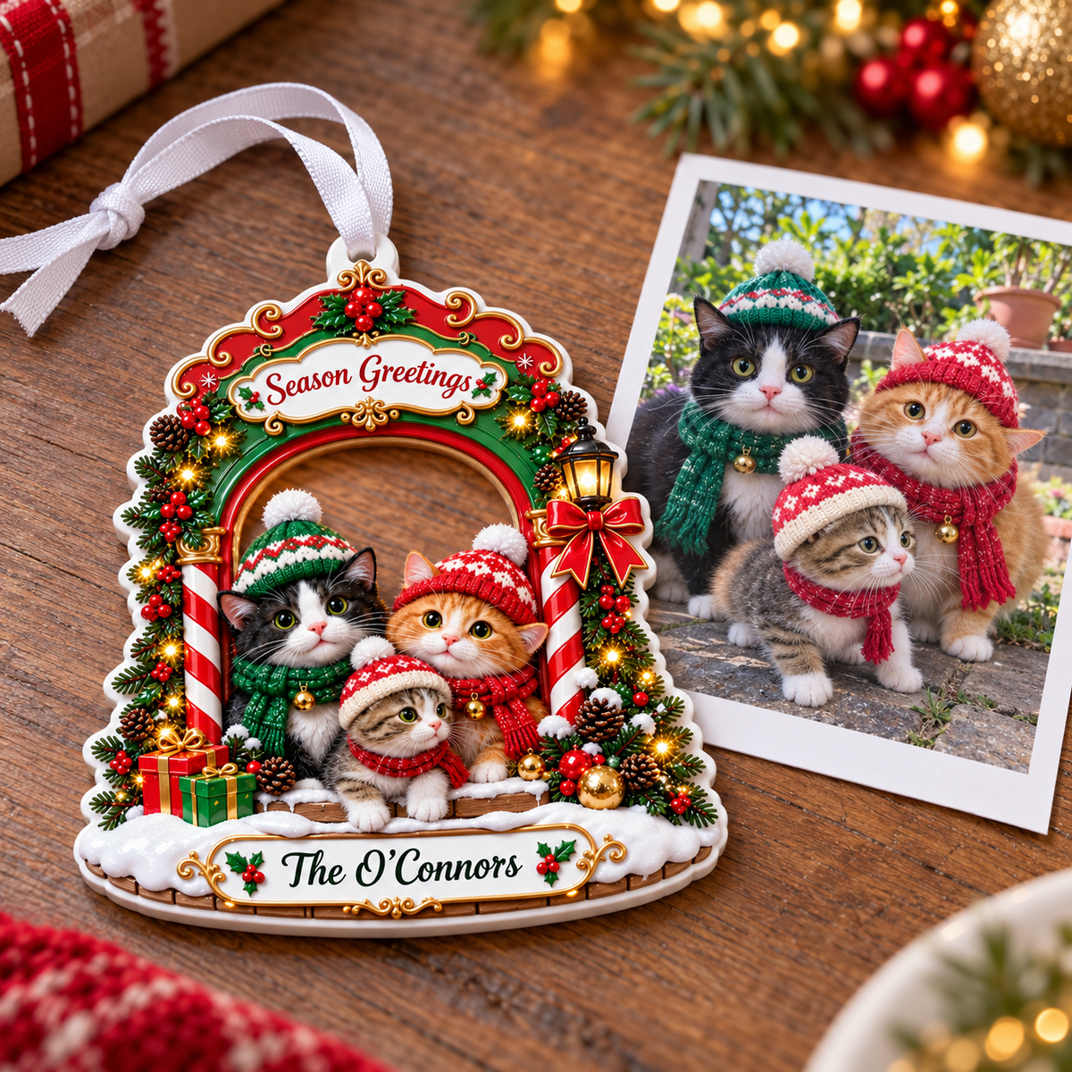 Winter Kitten Family Arch Christmas Holiday Decoration - 3D Relief Ornament