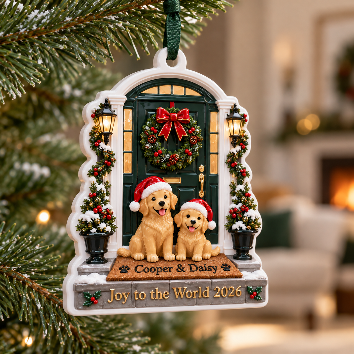 Golden Retriever Dogs at Christmas Front Door Holiday Keepsake - 3D Relief Ornament