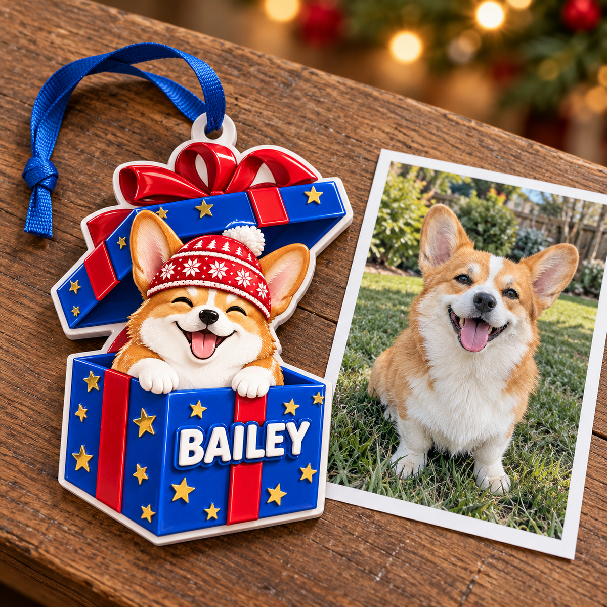 Corgi Dog in Blue Christmas Gift Box Holiday Tree Hanging Decoration - 3D Relief Ornament