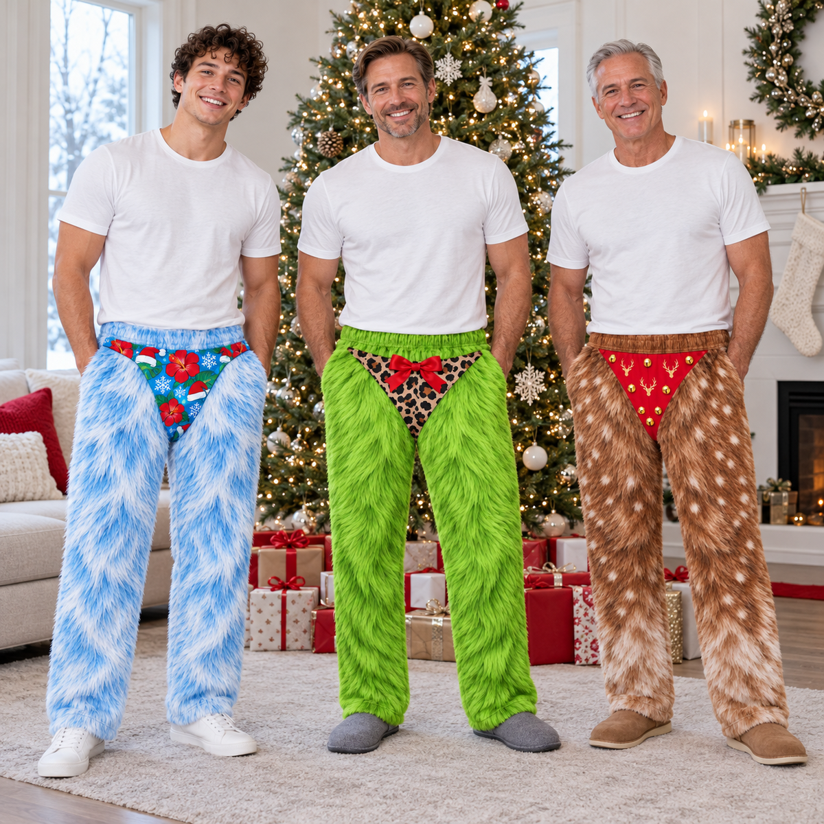Mens Novelty Christmas Pajama Pants Faux Fur Print Holiday Loungewear