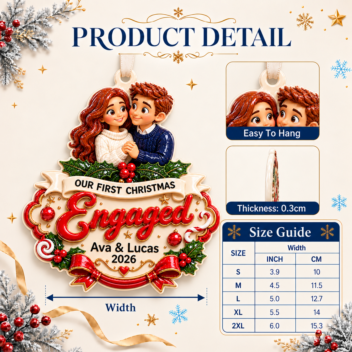 Our First Christmas Engaged Couple Portrait Holiday Keepsake - 3D Relief Ornament
