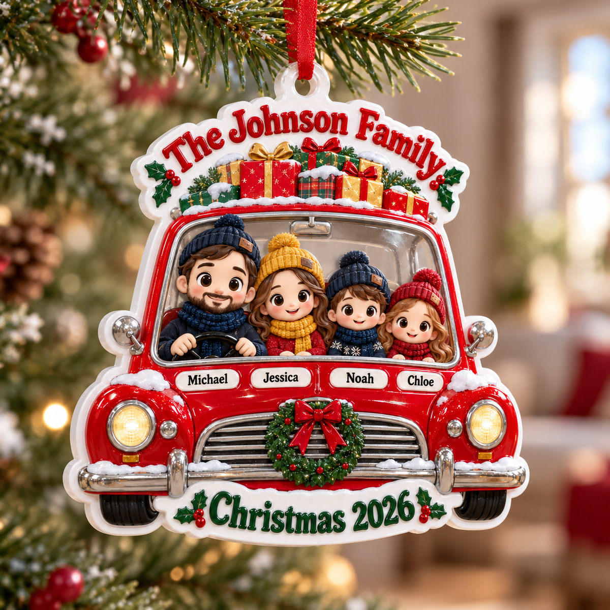 Family of Four in Red Vintage Car Christmas Holiday Keepsake - 3D Relief Ornament
