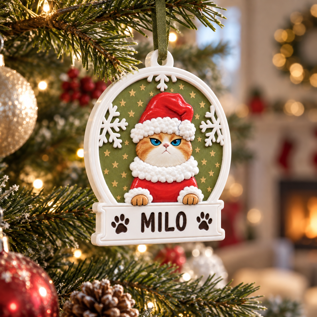 Scowling Orange Cat in Santa Hat Snow Globe Plaque Christmas Tree Hanging - 3D Relief Ornament