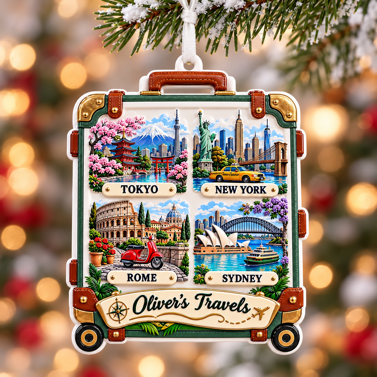 Travel Suitcase Luggage City Landmarks Hanging Holiday Keepsake - 3D Relief Ornament