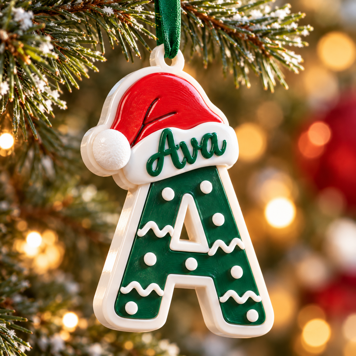 Christmas Letter A Monogram with Santa Hat, Green and White Holiday Tree Hanging - 3D Relief Ornament