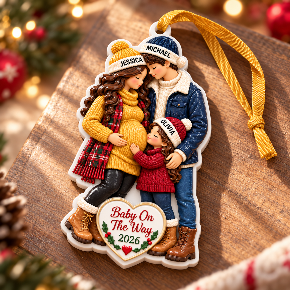 Baby On The Way Expecting Family of Three Holiday Tree Keepsake - 3D Relief Ornament