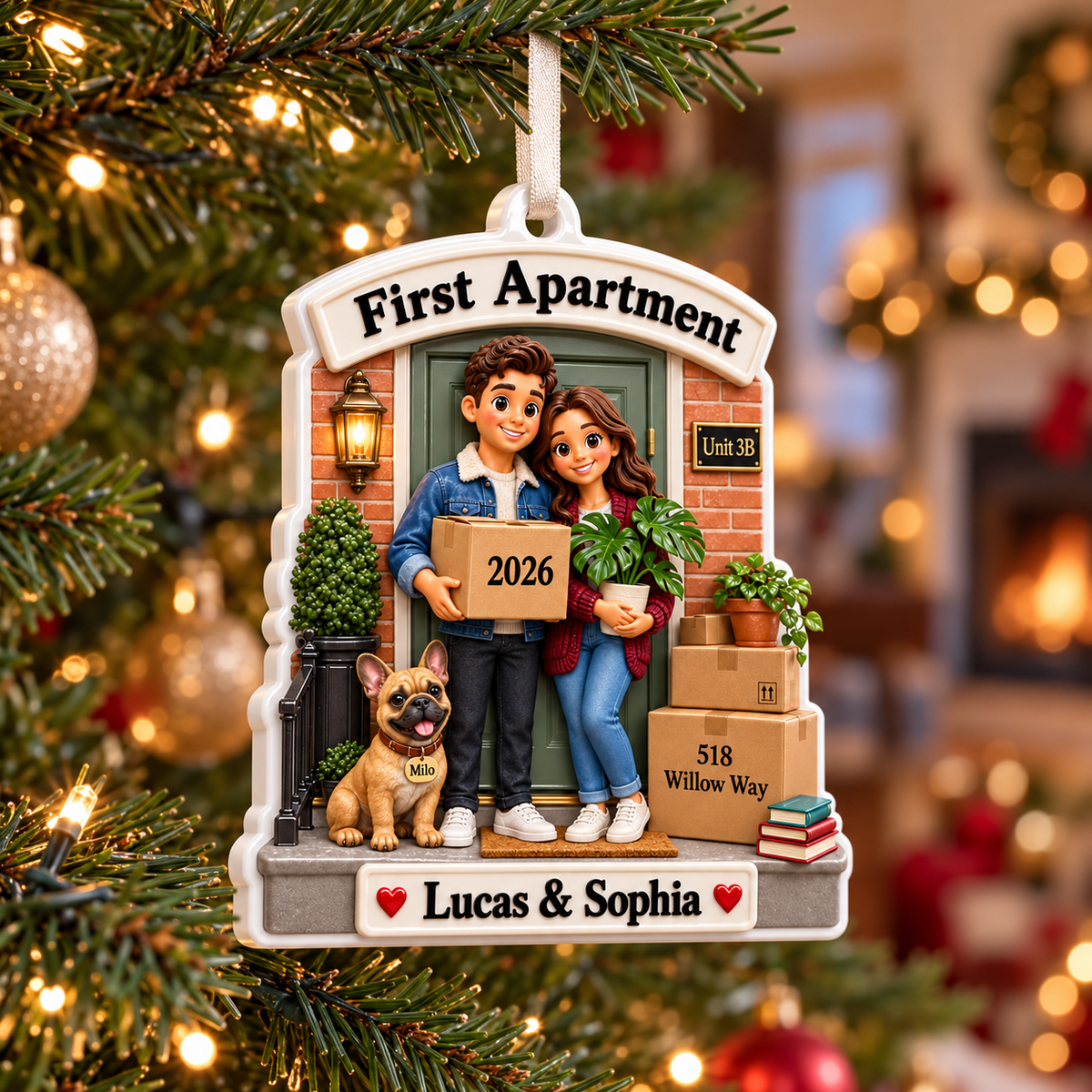 First Apartment Moving Couple with French Bulldog Front Porch Holiday Keepsake - 3D Relief Ornament