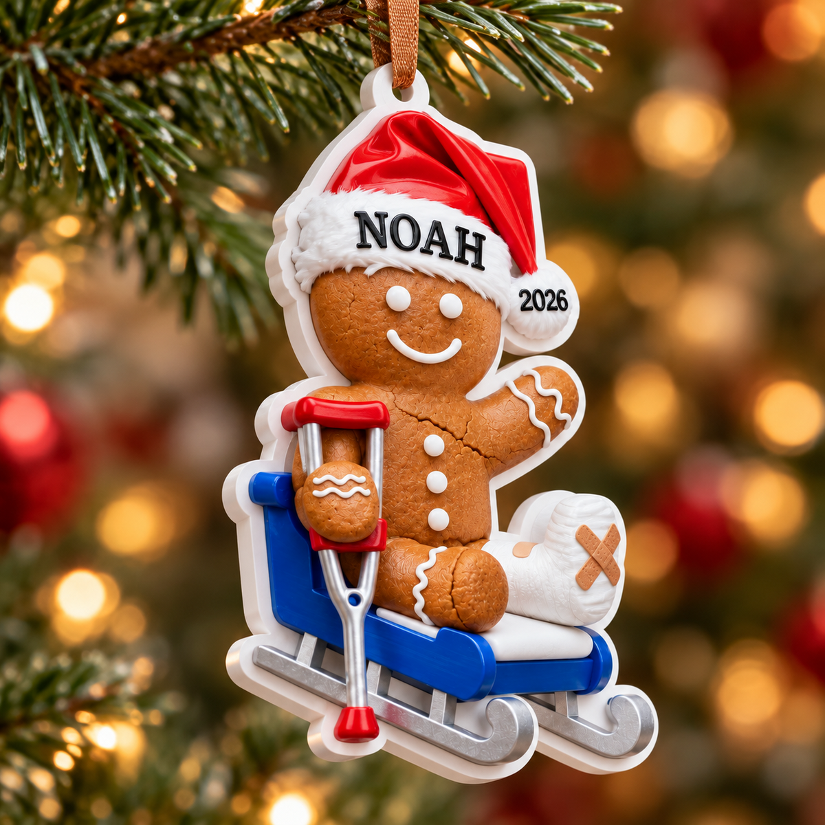 Gingerbread Man with Leg Cast and Crutch on Sled Holiday Keepsake - 3D Relief Ornament
