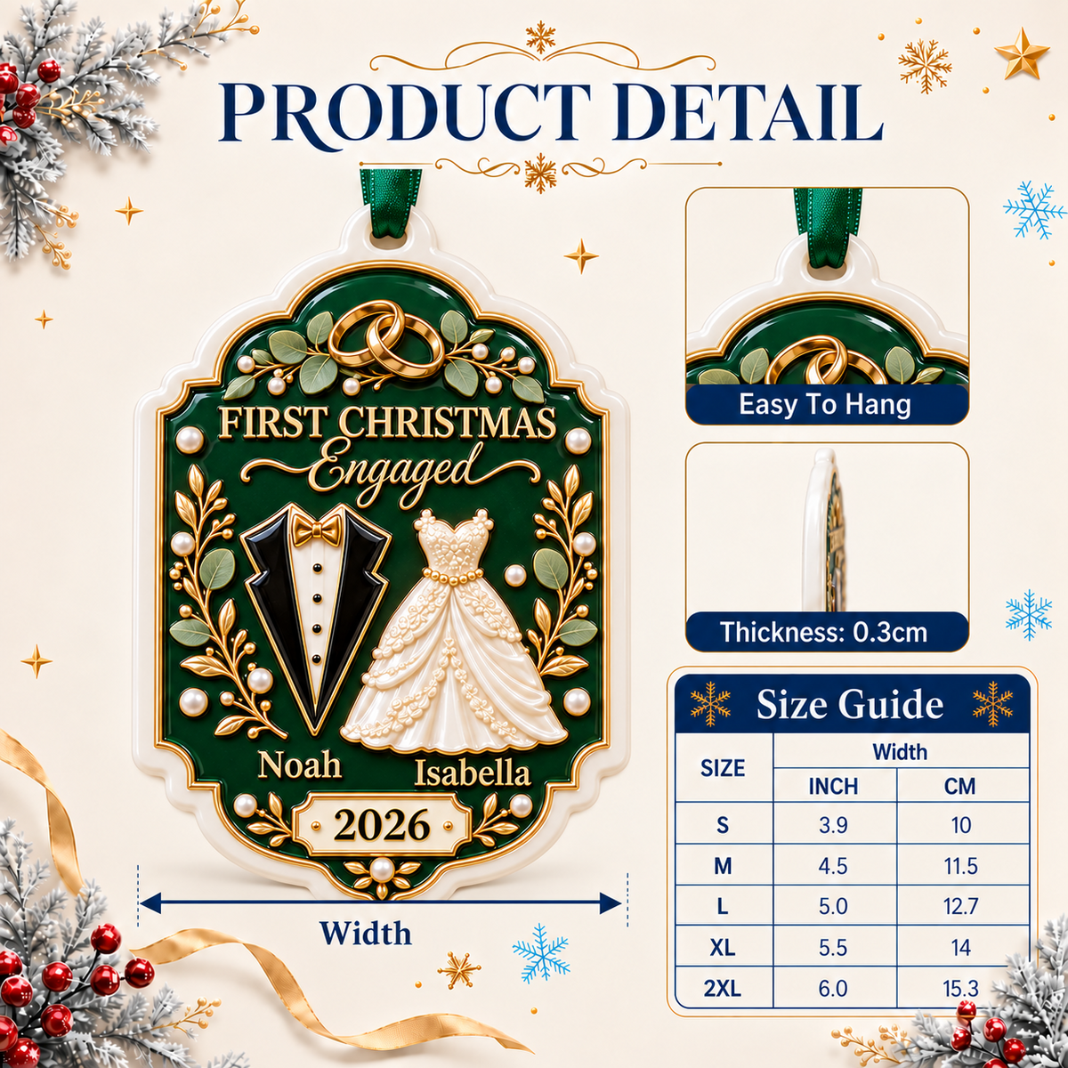 First Christmas Engaged Couple Plaque Emerald Green Tuxedo Gown Keepsake - 3D Relief Ornament