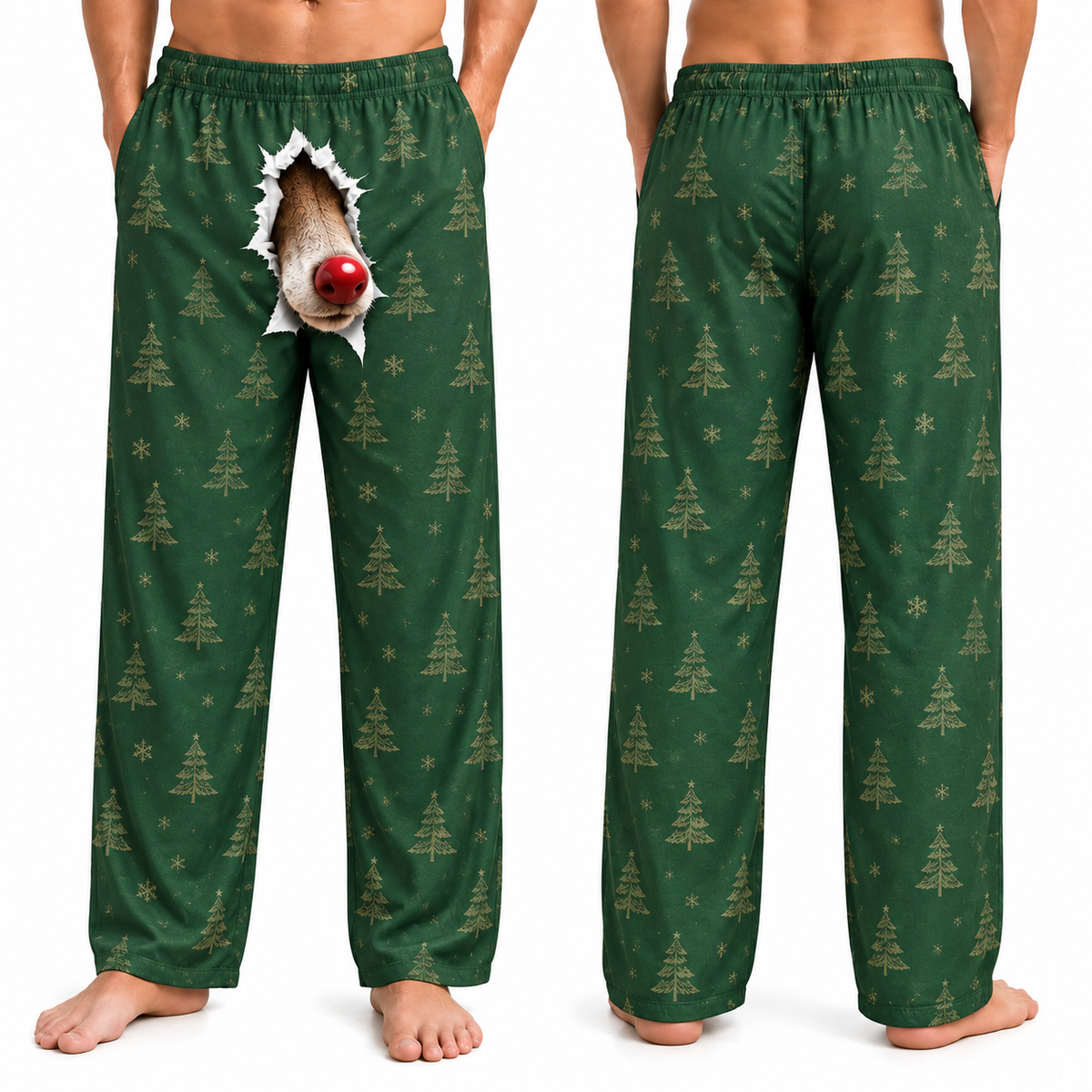 Mens Christmas Pajama Pants Red Plaid 3D Reindeer Nose Holiday Bottoms