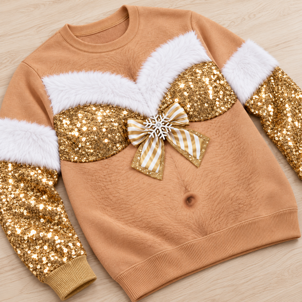 Ugly Christmas Sweatshirt Hairy Chest Sequin Bra Bow Crewneck