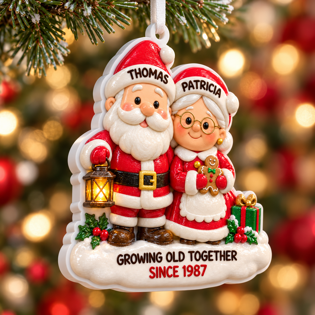 Santa and Mrs Claus Couple Christmas Tree Hanging Keepsake Plaque - 3D Relief Ornament