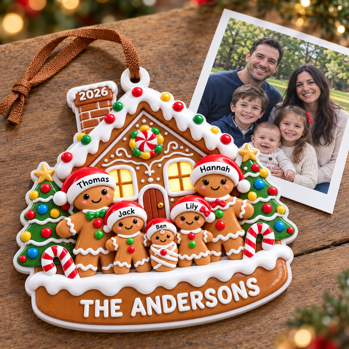 Gingerbread House Family of Five Holiday Tree Hanging Decoration - 3D Relief Ornament